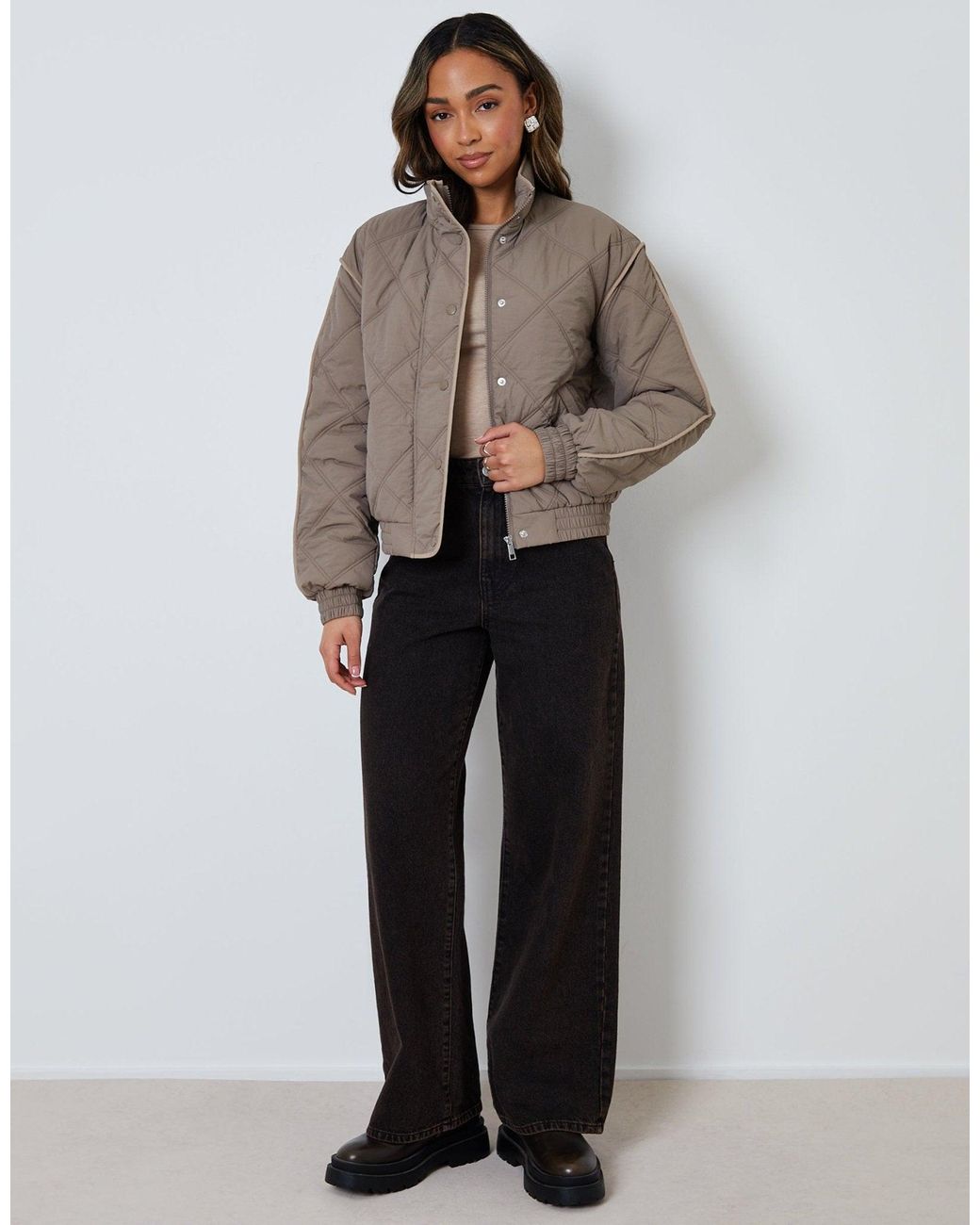 Threadbare Brown Quilted Funnel Neck Bomber Jacket