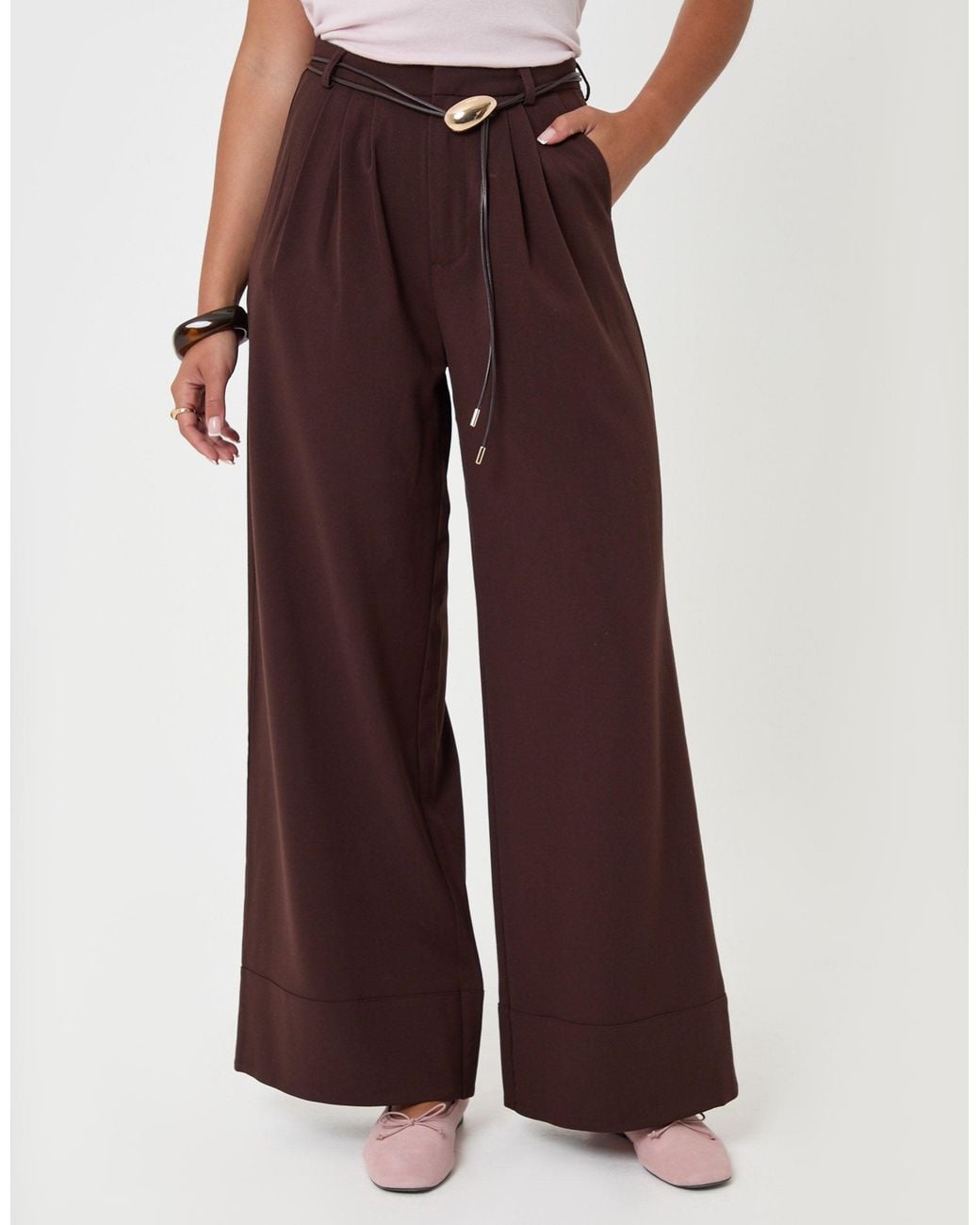 Threadbare Brown Petite Pleated Wide Leg Trousers