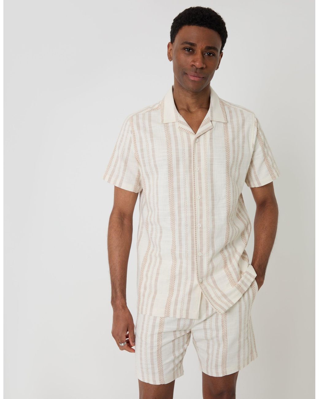Threadbare Brown Chevron Stripe Textured Cotton Short Sleeve Shirt for men