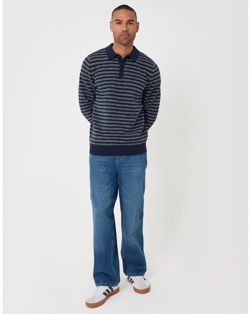 Threadbare Blue Knitted Long Sleeve Polo for men