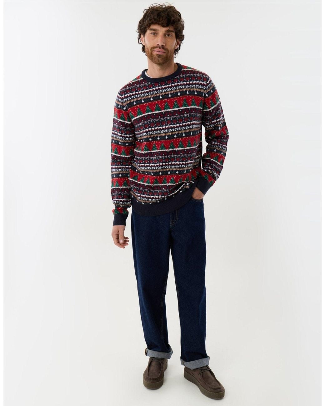 Threadbare Red Knitted Fairisle Crew Neck Christmas Jumper for men
