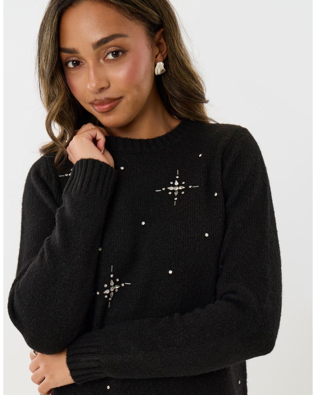 Threadbare Black Petite Star Embellished Knitted Mini Dress