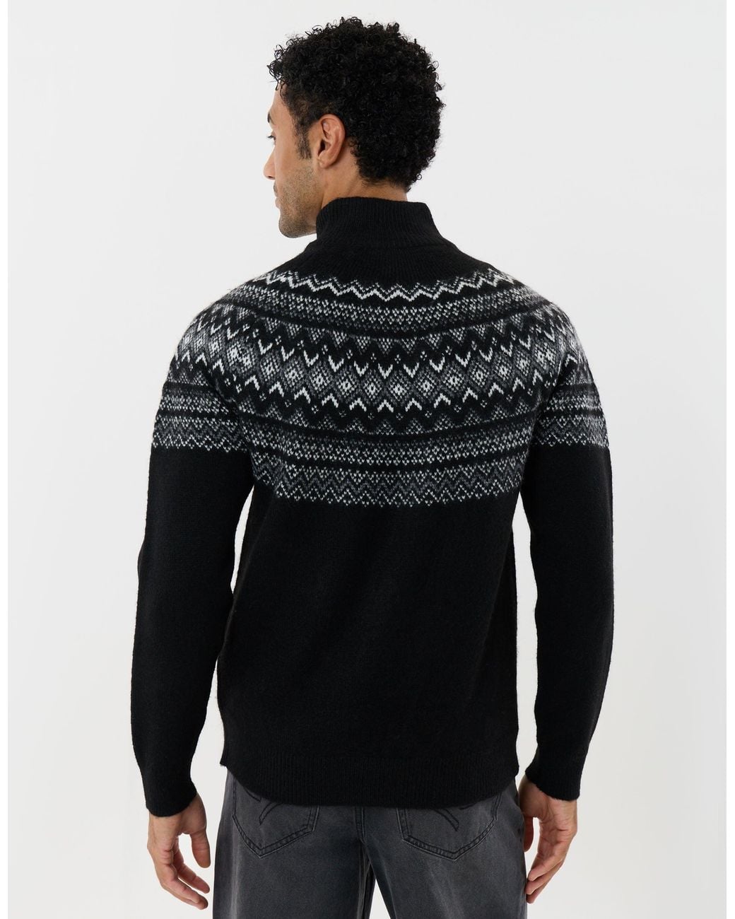 Threadbare Black Fairisle Quarter Zip Knitted Jumper for men