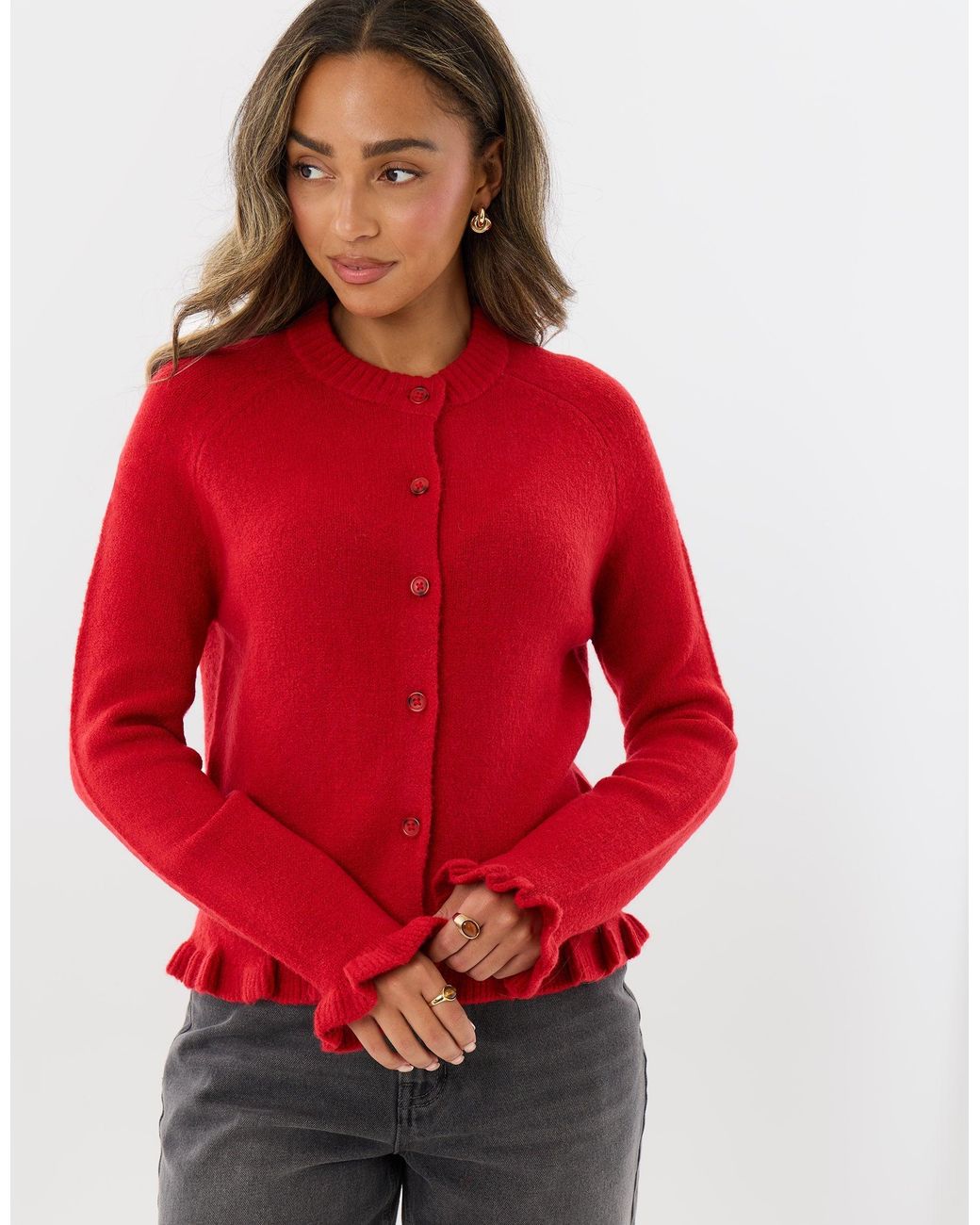 Threadbare Red Crew Neck Ruffle Cardigan