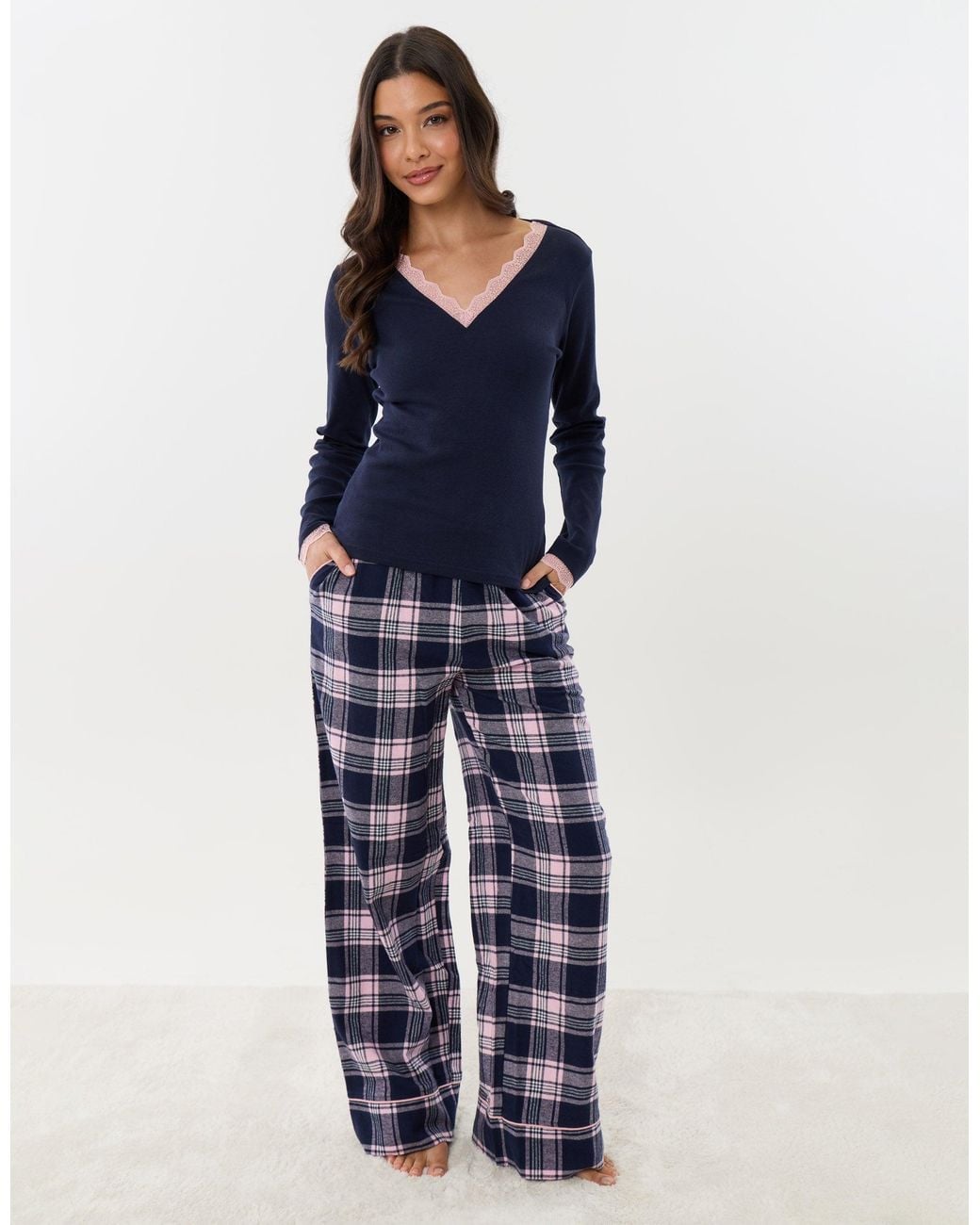 Threadbare Blue Cotton V Neck Pyjama Set