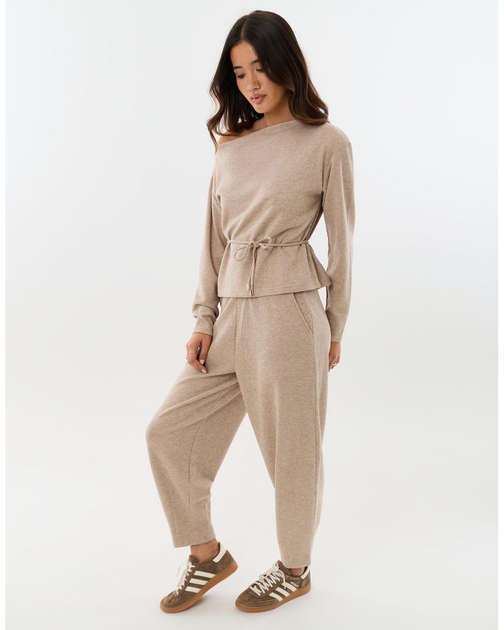 Threadbare Natural Ribbed Slash Neck Top & Wide Leg Trousers Co-Ord