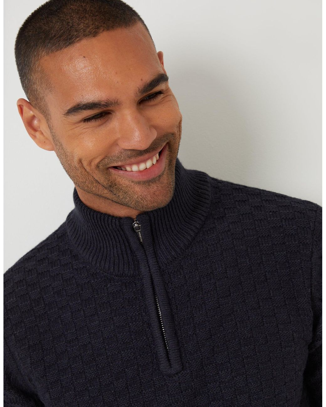 Threadbare Blue Basket Stitch Quarter Zip Jumper for men