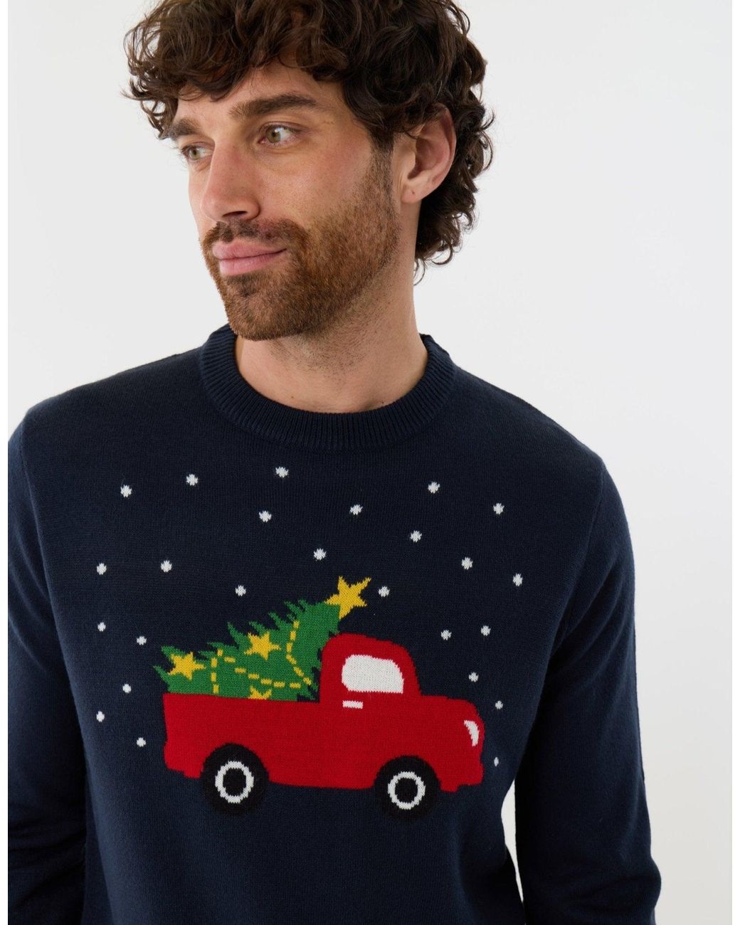 Threadbare Blue Christmas Truck Knitted Crew Neck Jumper for men