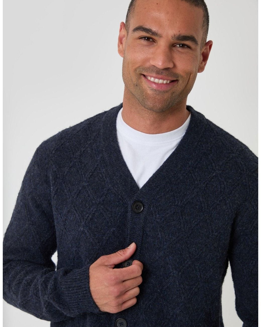Threadbare Blue Diamond Cable Knit V Neck Cardigan for men