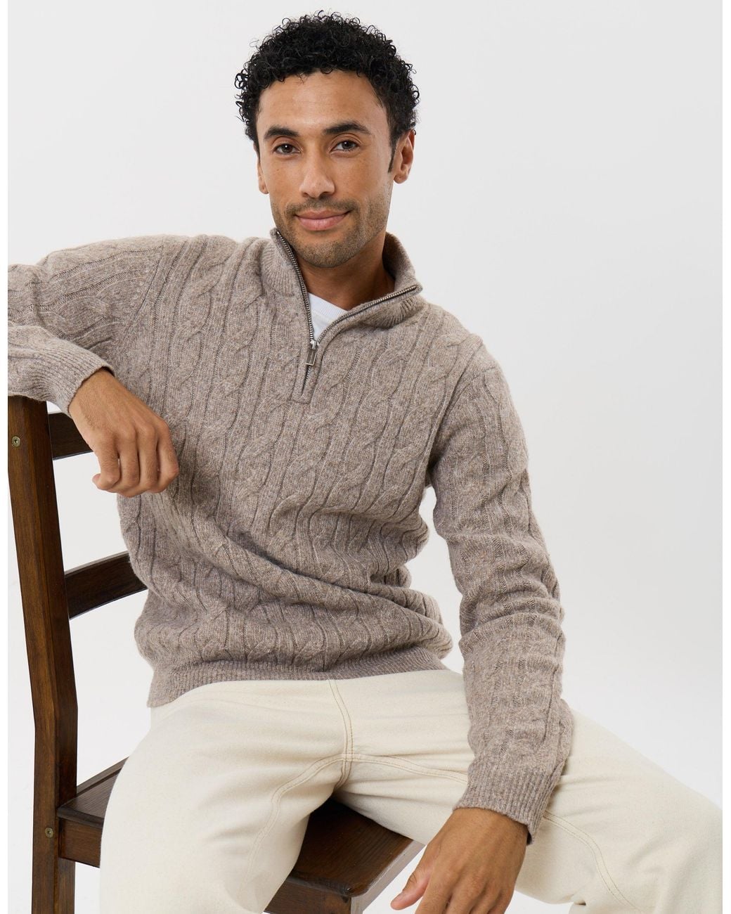 Threadbare Natural Cable Knit Quarter Zip Jumper for men