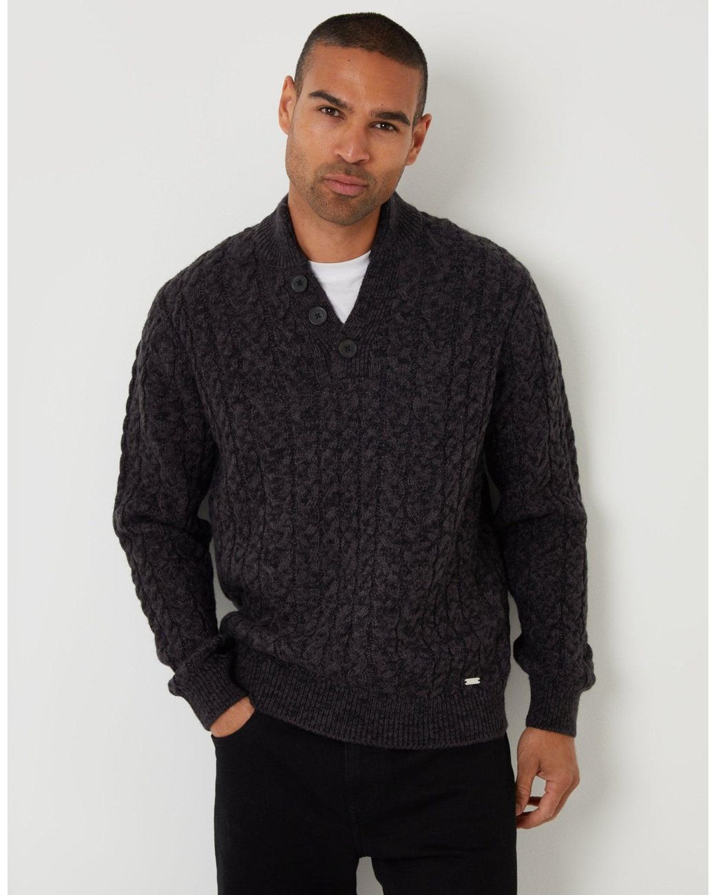 Threadbare Black Funnel Neck Cable Knit Jumper for men