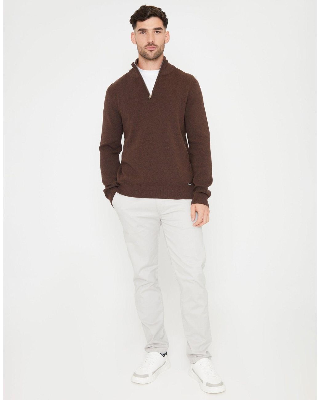 Threadbare Brown Knitted Quarter Zip Jumper for men