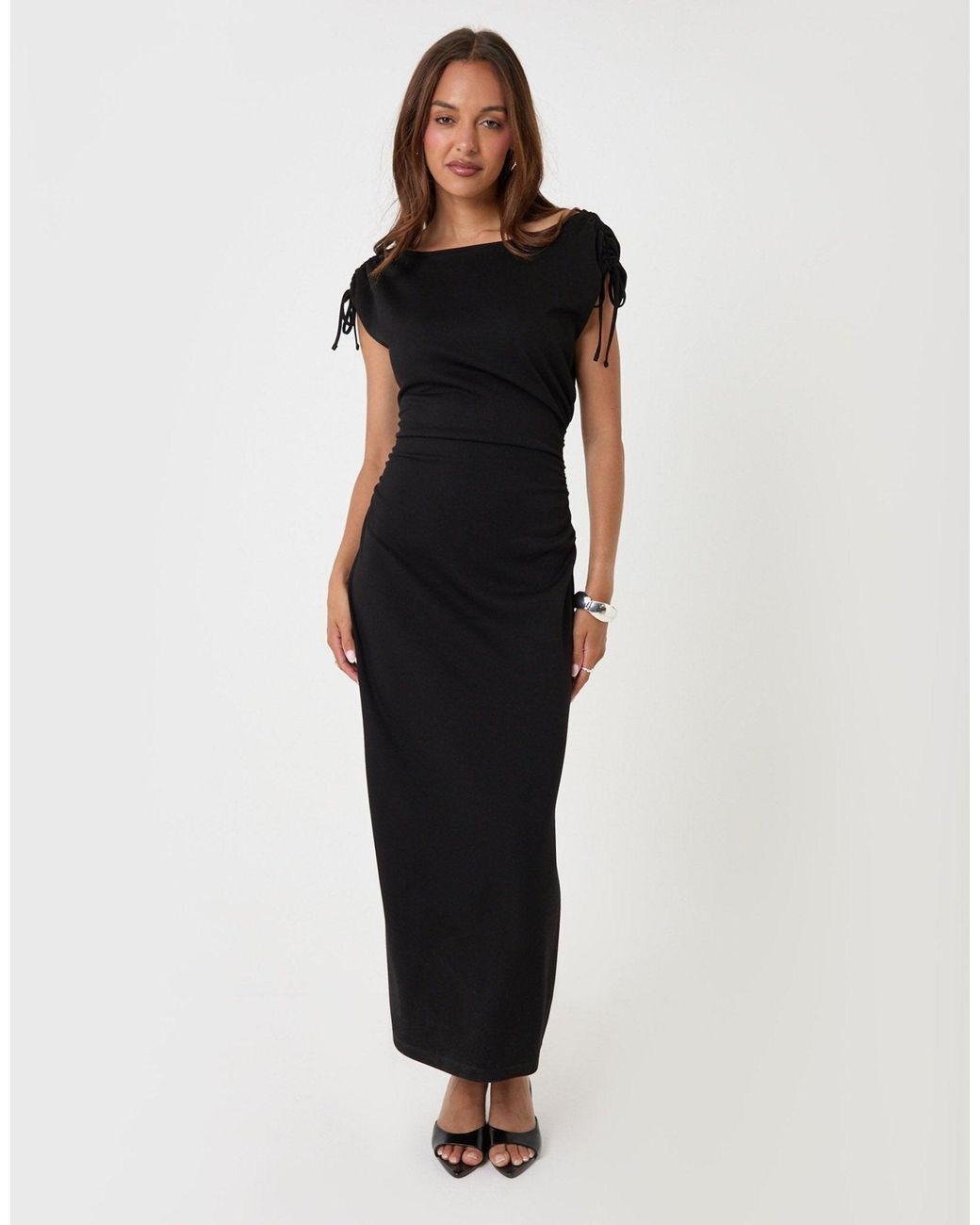 Threadbare Blue Ruched Shoulder Tie Midi Dress