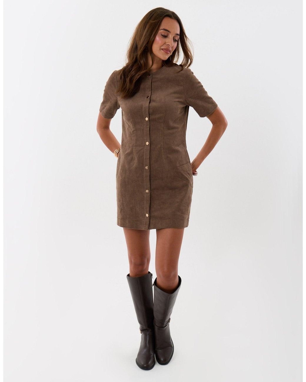 Threadbare Brown Corduroy Button Down Mini Dress