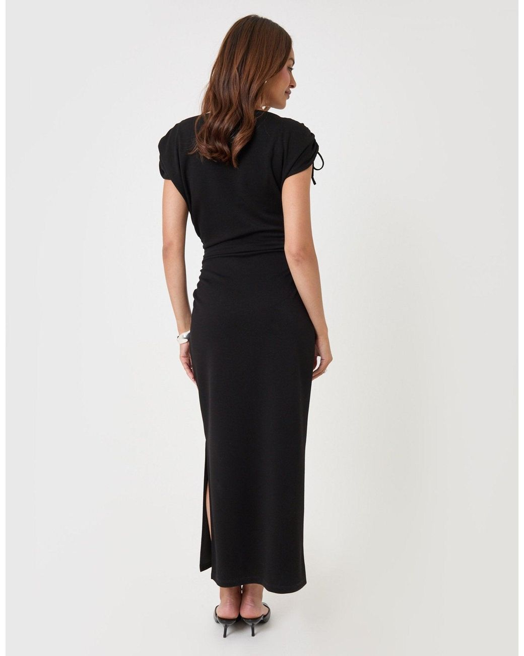 Threadbare Blue Ruched Shoulder Tie Midi Dress
