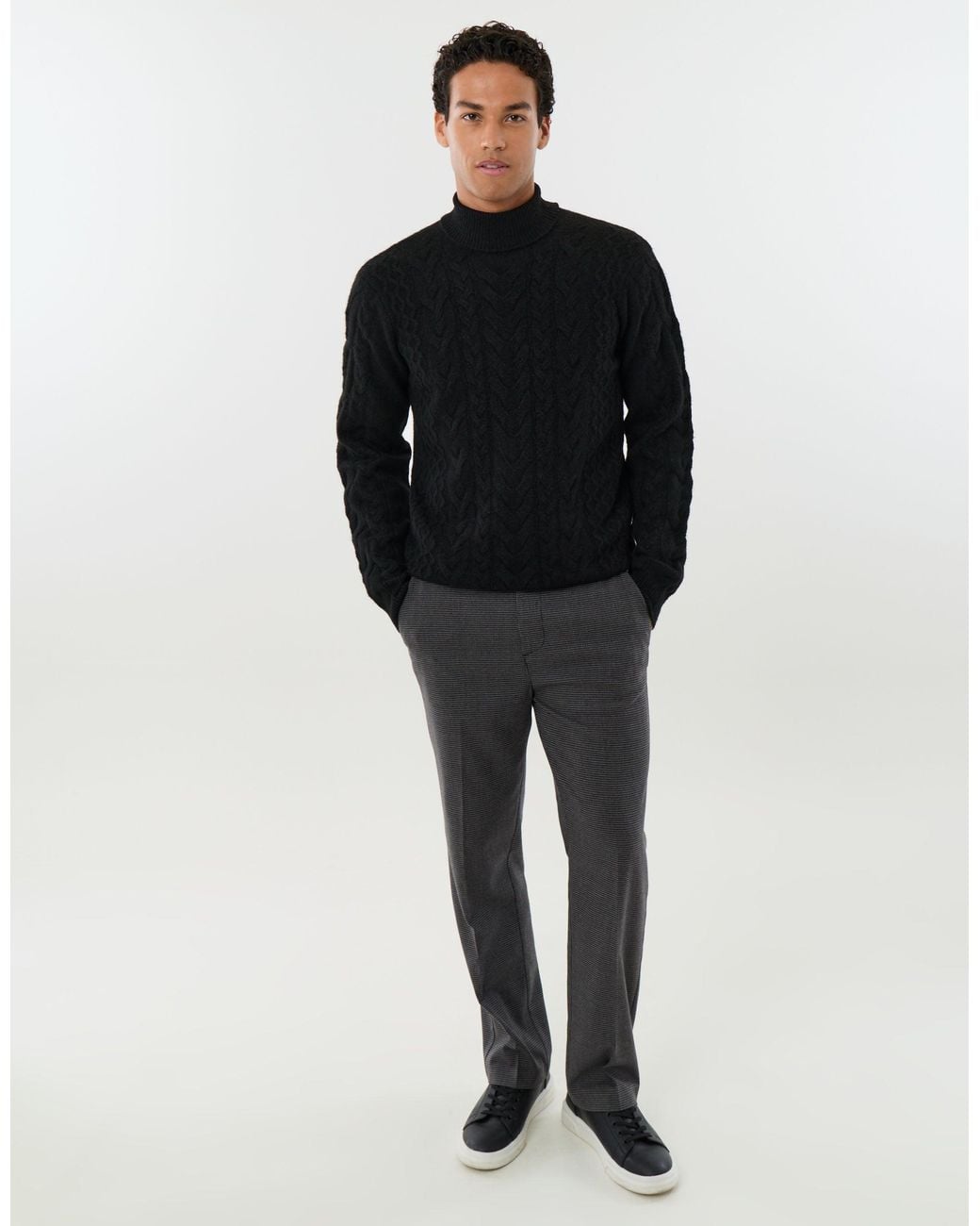Threadbare Black Cable Knit Roll Neck Jumper for men