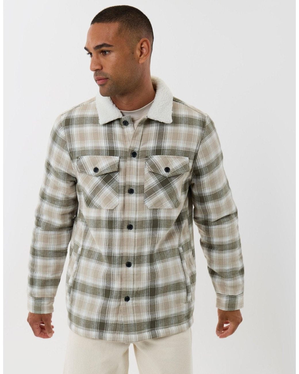 Threadbare Gray Cotton Flannel Shacket With Sherpa Collar & Lining for men