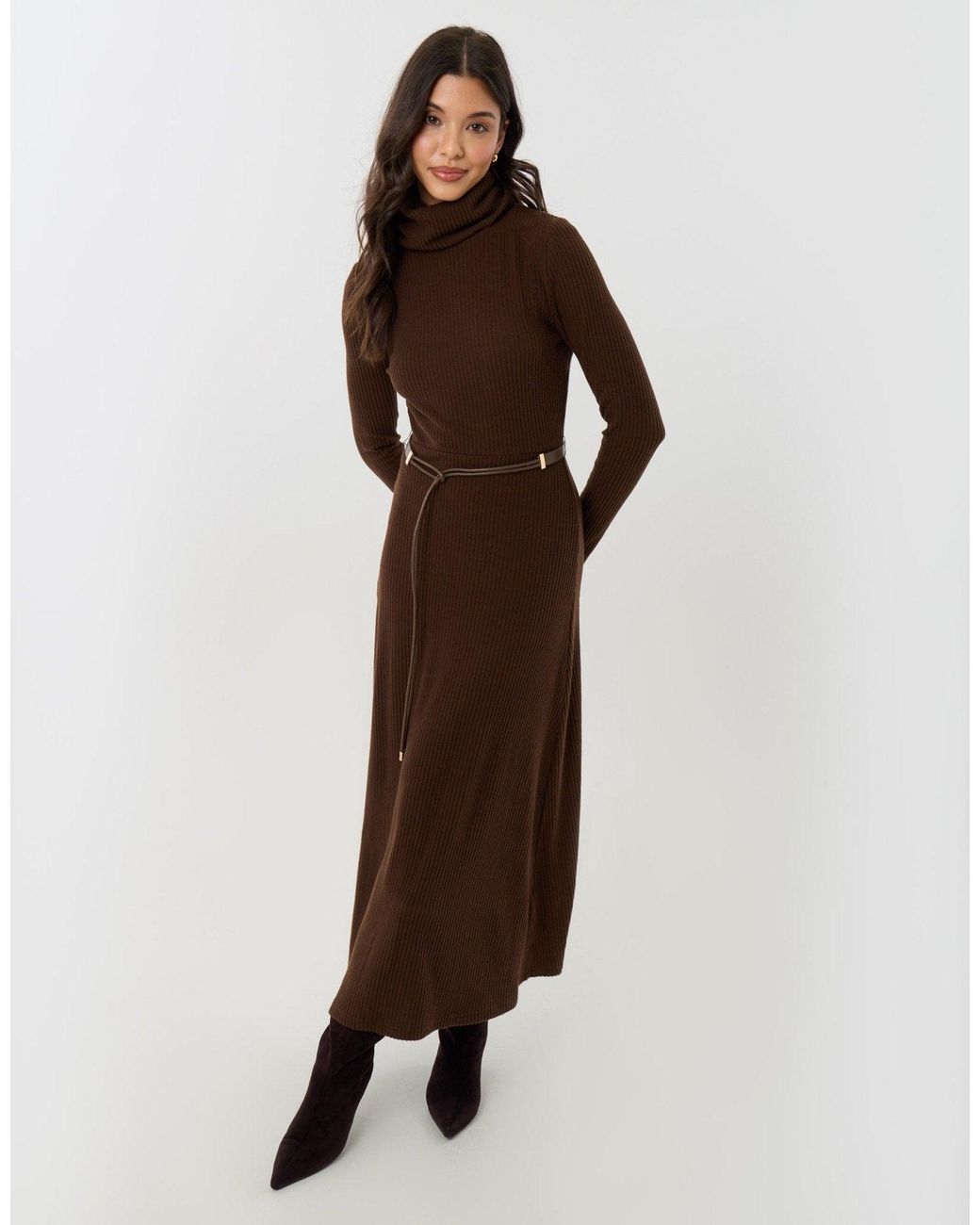 Threadbare Brown Ribbed Roll Neck Maxi Dress With Belt