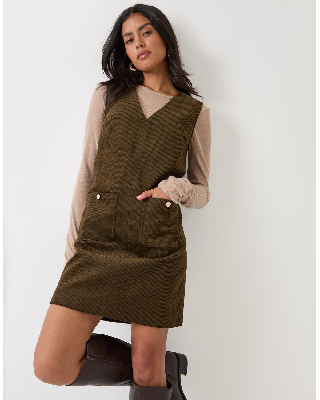 Threadbare Natural Corduroy V Neck Mini Dress
