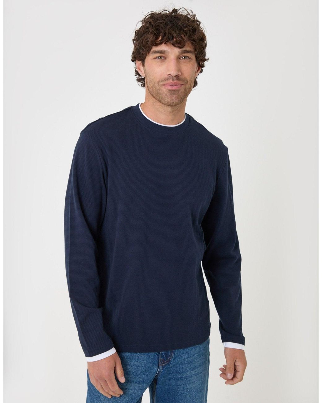 Threadbare Blue Cotton Mock Layer Long Sleeve T-Shirt for men