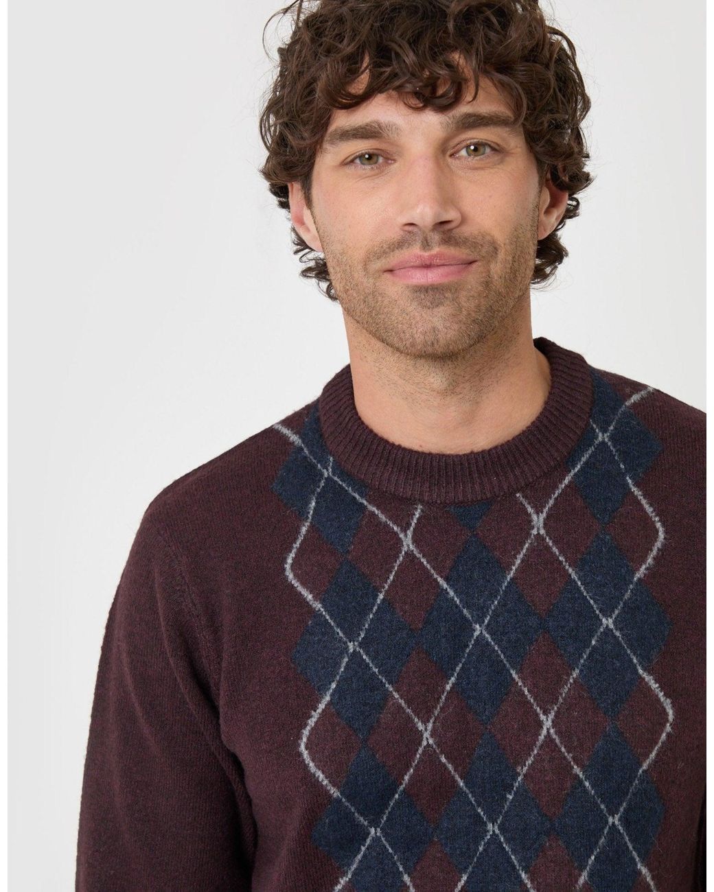 Threadbare Blue Argyle Crew Neck Jumper for men