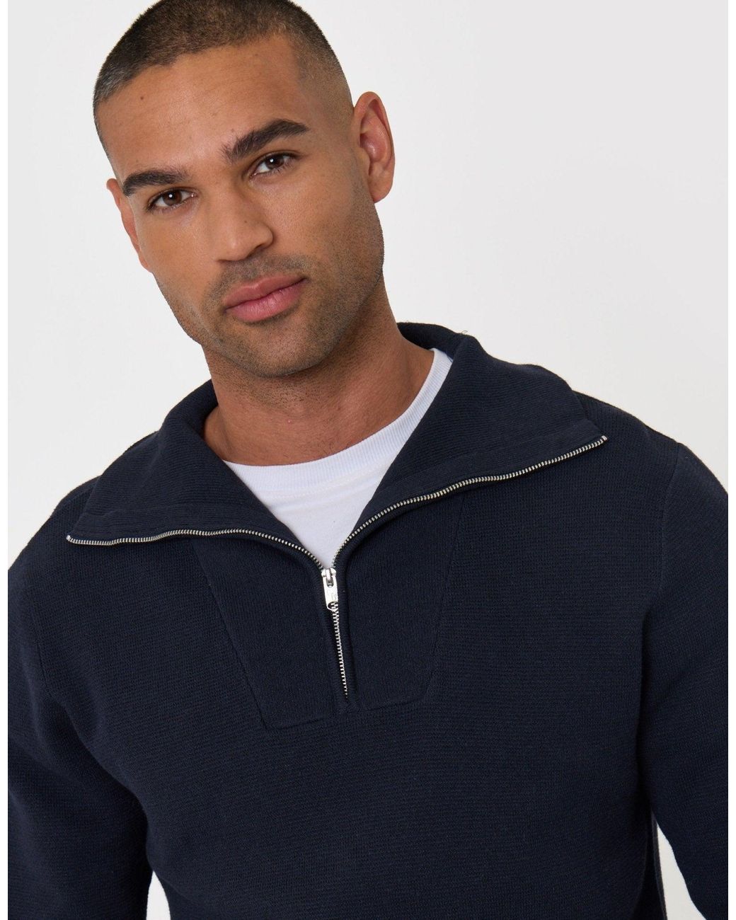 Threadbare Blue Rib Panel Quarter Zip Jumper for men