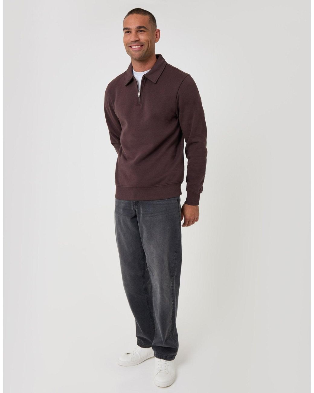 Threadbare Purple Cotton Rich Quarter Zip Polo Sweatshirt for men