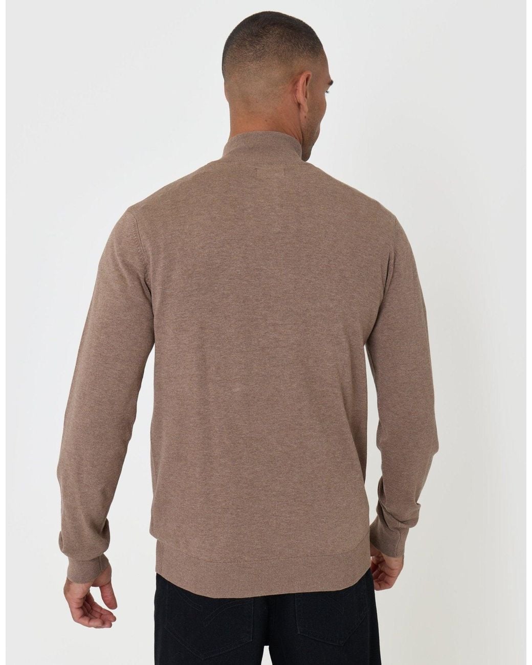 Threadbare Brown Funnel Neck Quarter Zip Knitted Jumper for men