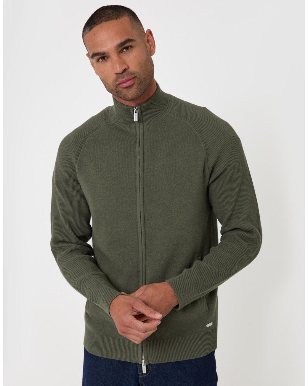 Threadbare Green Cotton Rich Funnel Neck Zip Through Sweatshirt for men