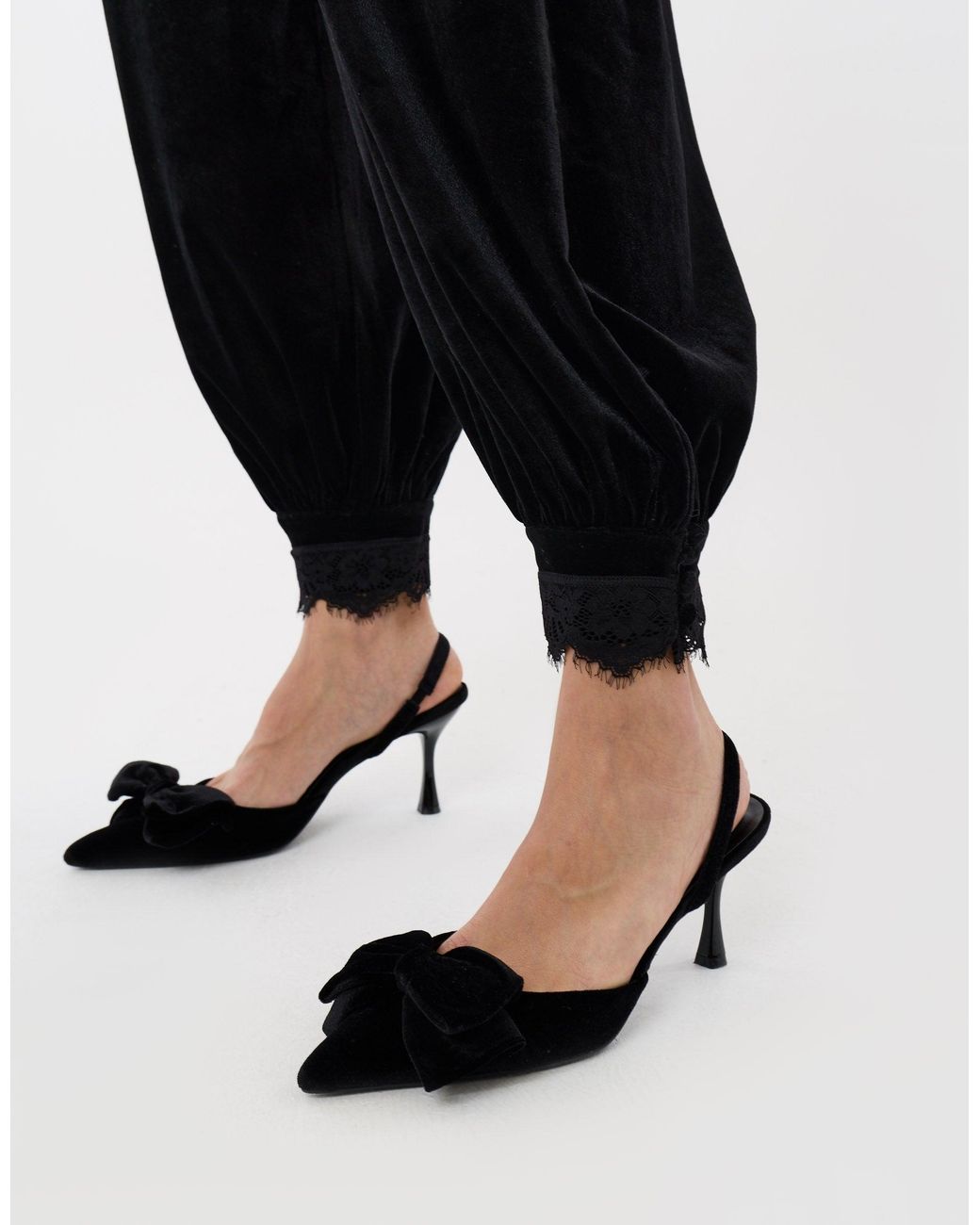 Threadbare Black Velvet Balloon Trousers With Lace Trim Hem