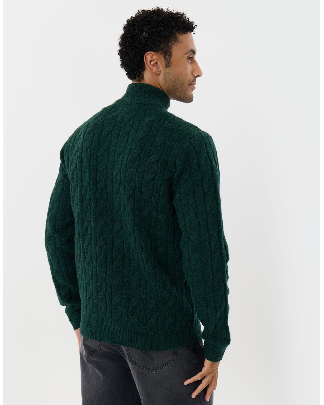 Threadbare Green Cable Knit Quarter Zip Jumper for men
