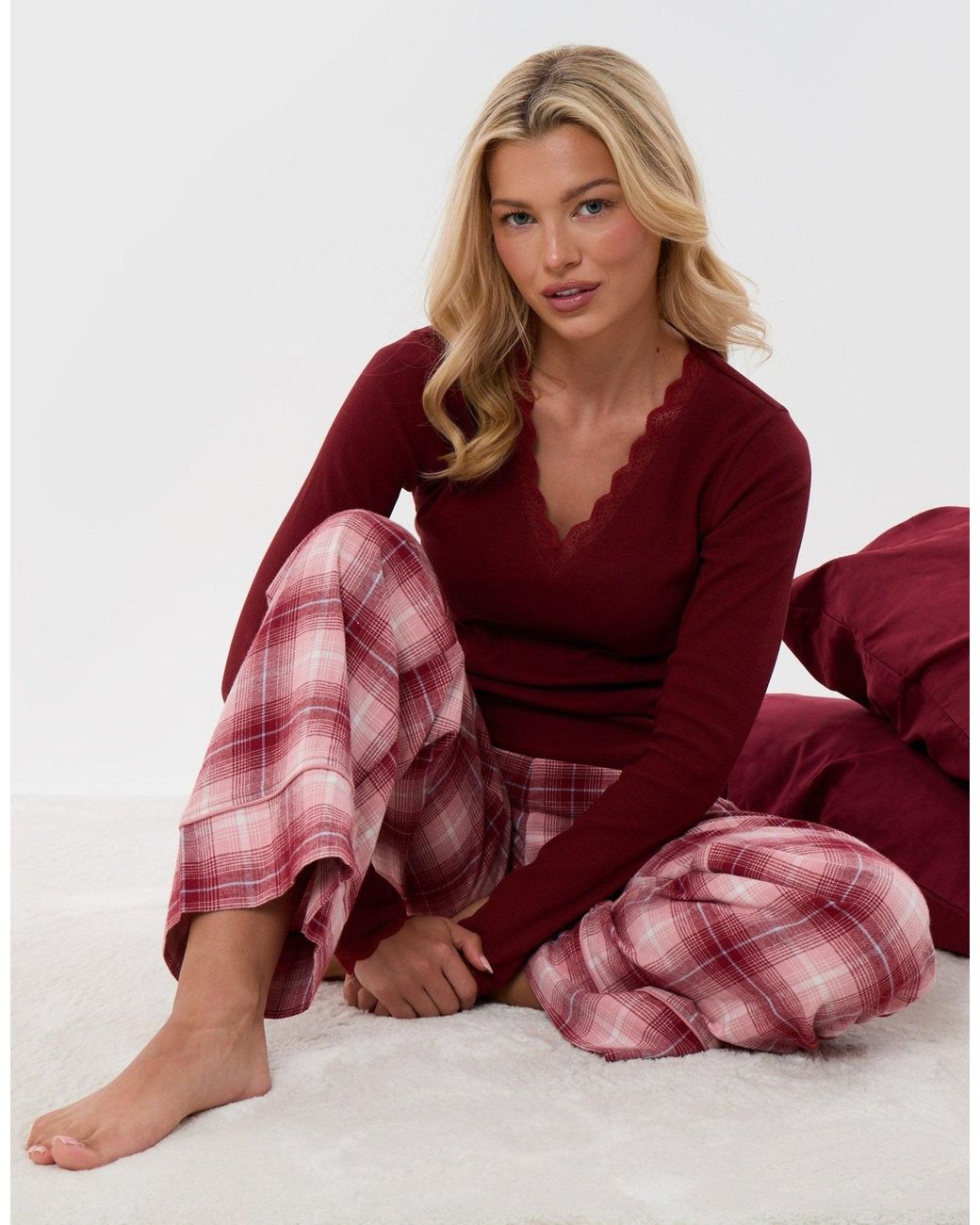 Threadbare Red V Neck Top & Flannel Bottoms Pyjama Set