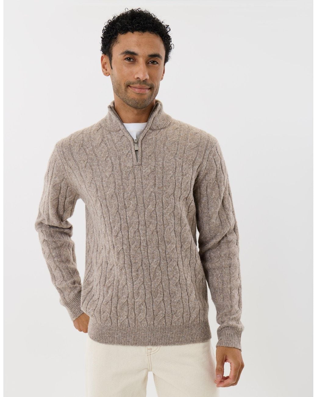 Threadbare Natural Cable Knit Quarter Zip Jumper for men