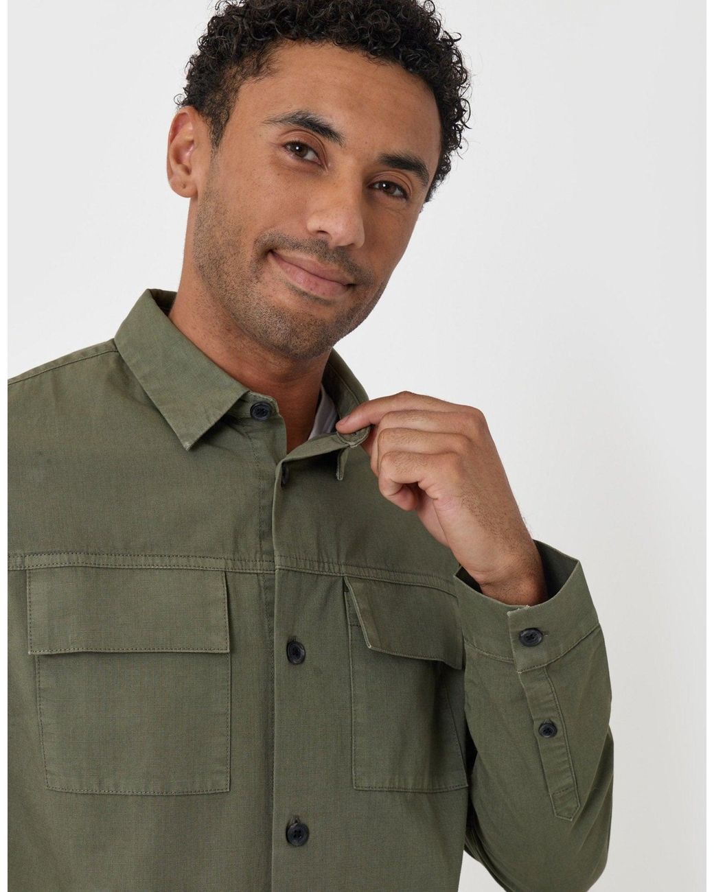Threadbare Green Cotton Patch Pocket Shacket for men