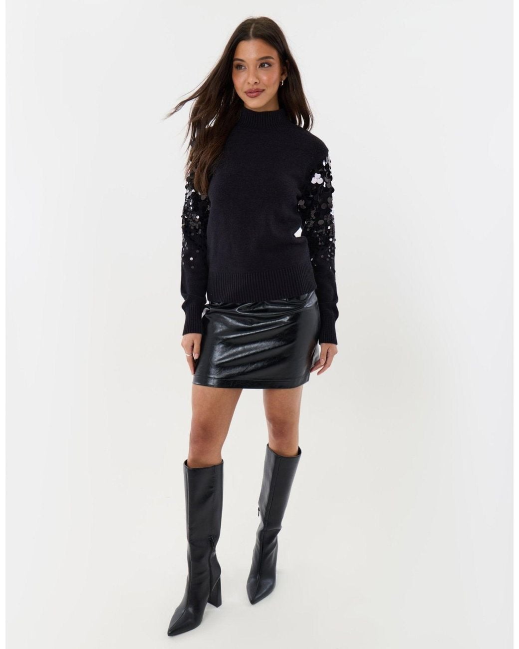 Threadbare Black Funnel Neck Jumper With Sequin Sleeves