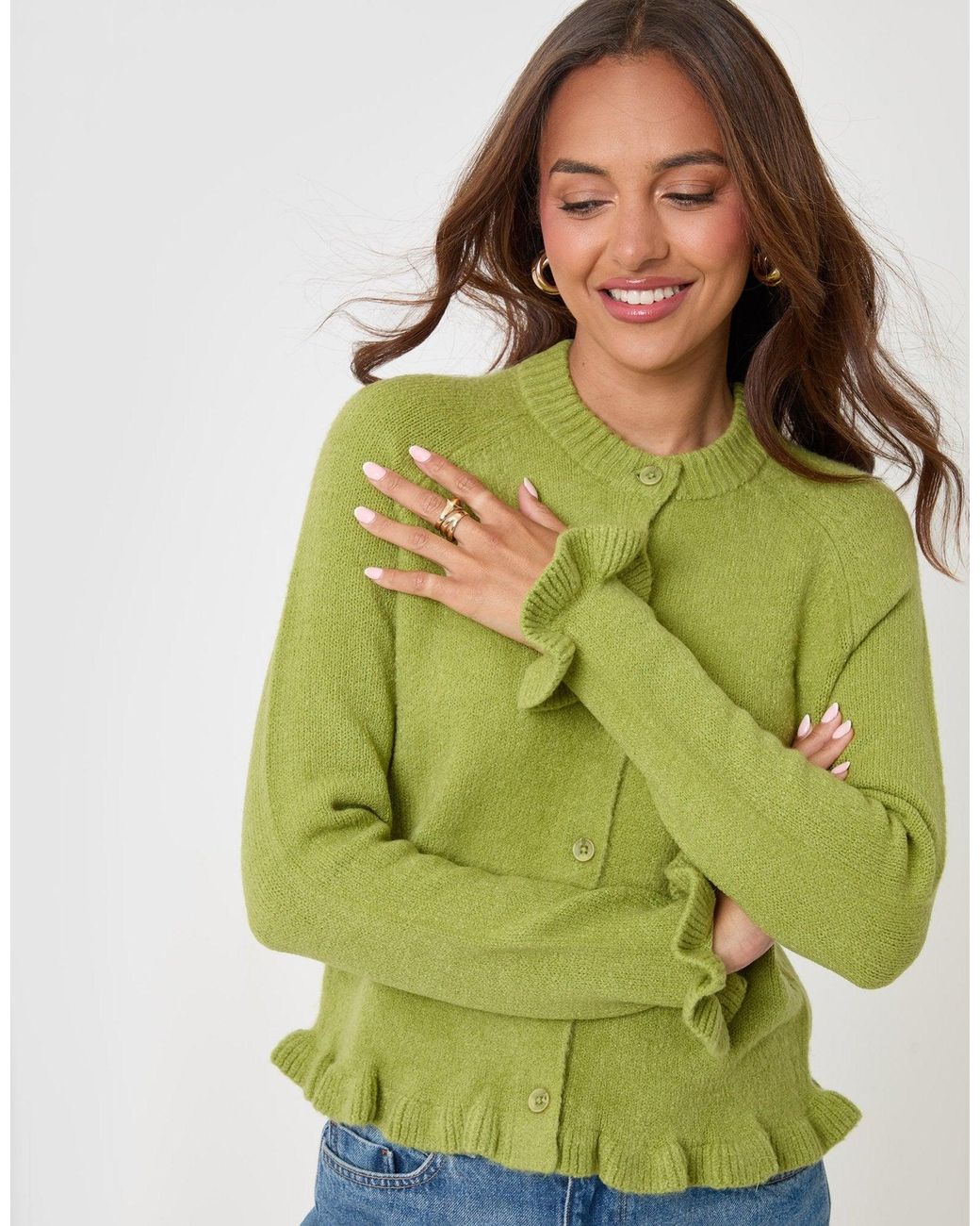 Threadbare Green Crew Neck Ruffle Cardigan