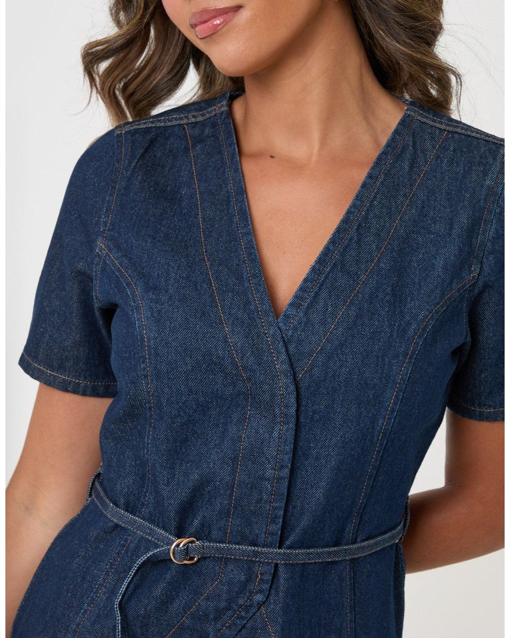 Threadbare Blue Denim Belted Short Sleeve Top