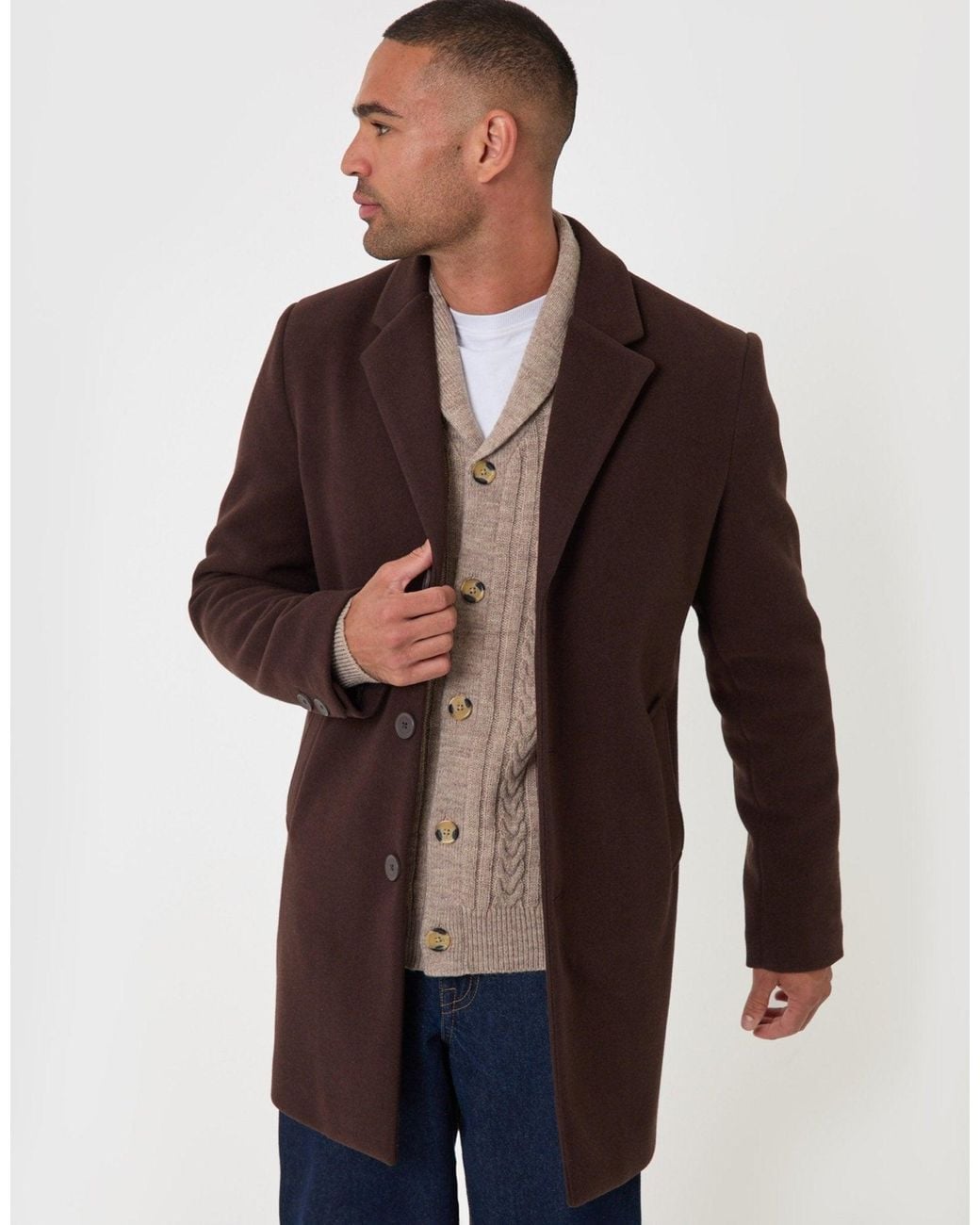 Threadbare Brown The Classic Faux Wool Trench Coat for men