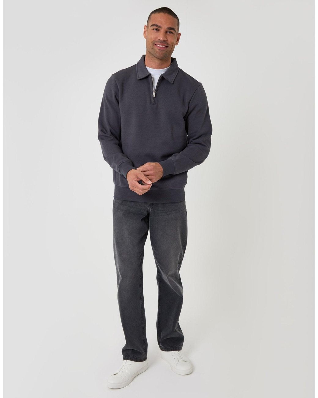 Threadbare Blue Cotton Rich Quarter Zip Polo Sweatshirt for men