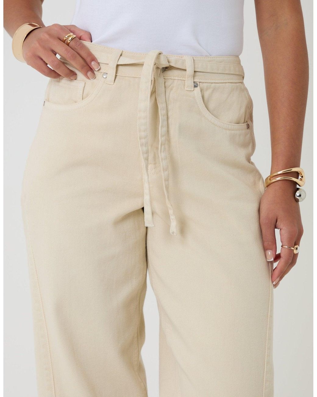 Threadbare Natural Petite Belted Barrel Leg Jeans