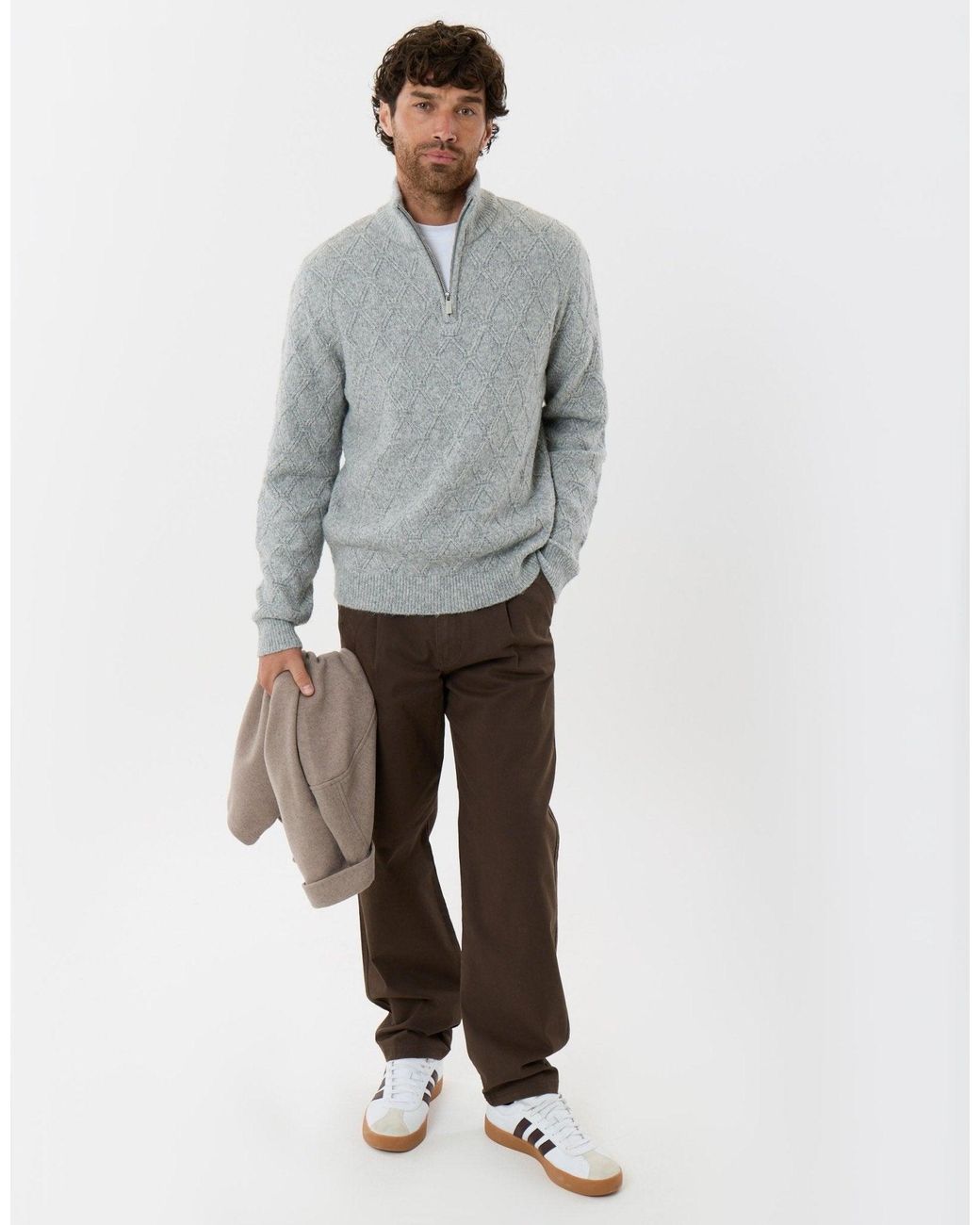 Threadbare Gray Diamond Cable Knit Quarter Zip Jumper for men