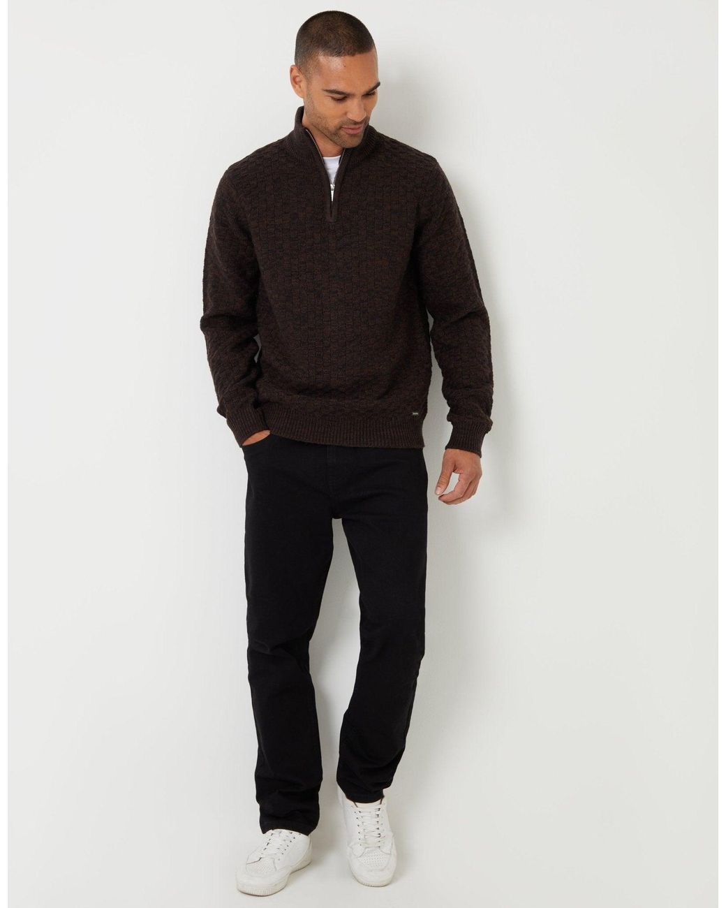 Threadbare Black Basket Stitch Quarter Zip Jumper for men