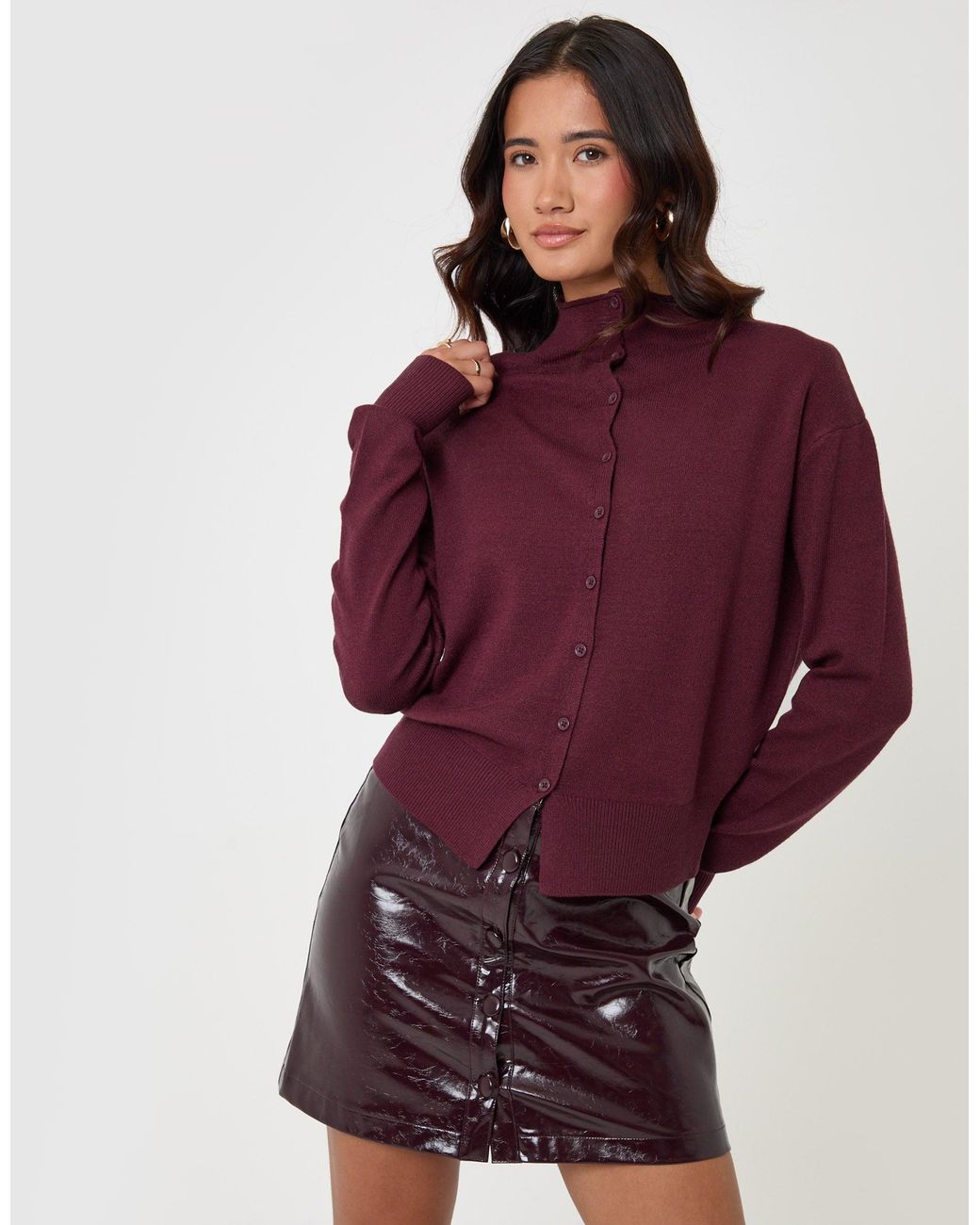 Threadbare Red Compact Knit Funnel Neck Cardigan