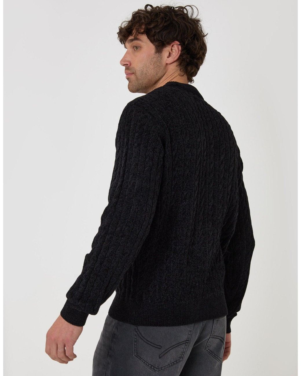 Threadbare Black Fluffy Cable Knit Crew Neck Jumper for men
