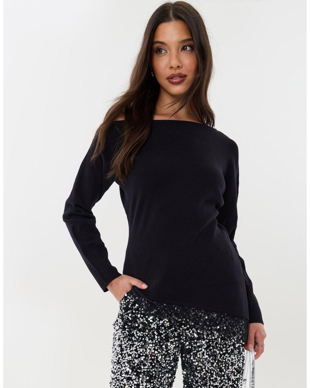 Threadbare Black Lace Hem Slash Neck Jumper