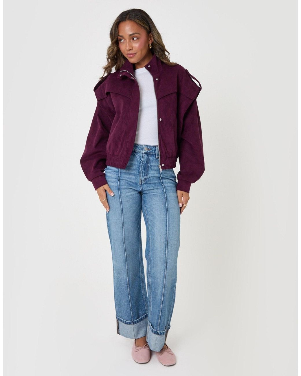 Threadbare Purple Faux Suede Cape Shoulder Bomber Jacket