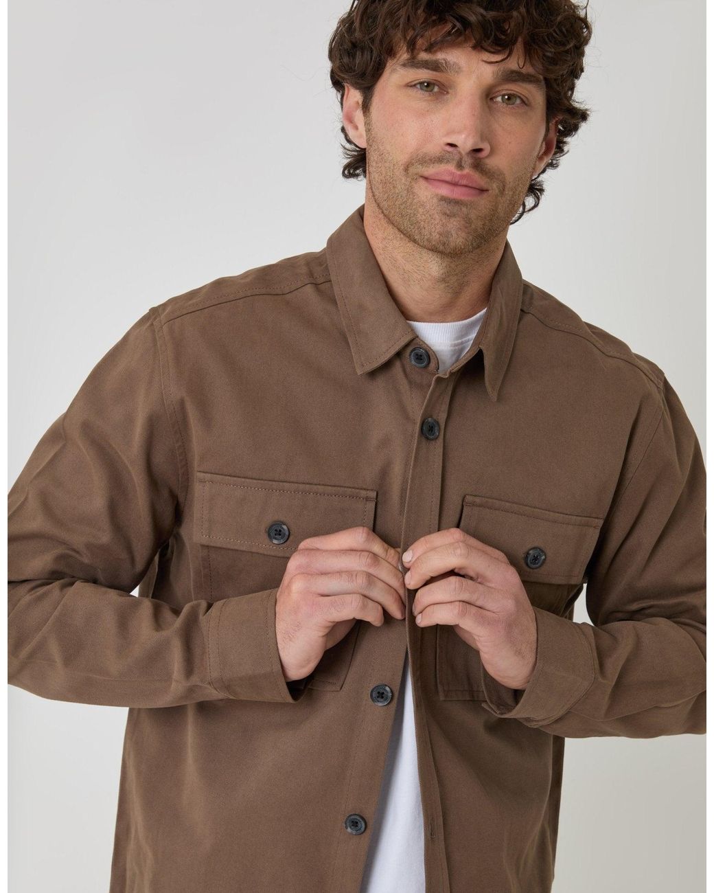 Threadbare Brown Curved Hem Cotton Shacket for men