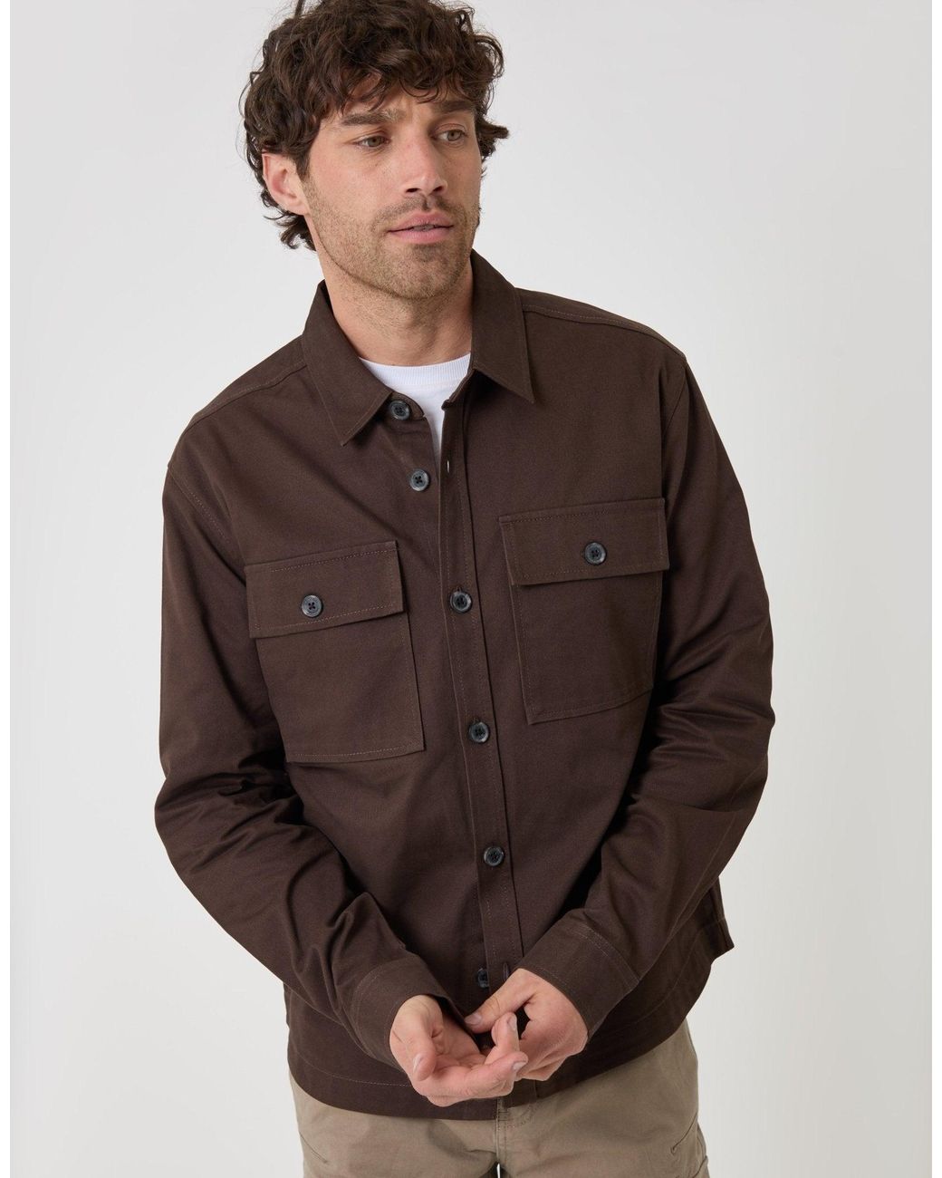 Threadbare Brown Cotton Twill Shacket With Pockets for men