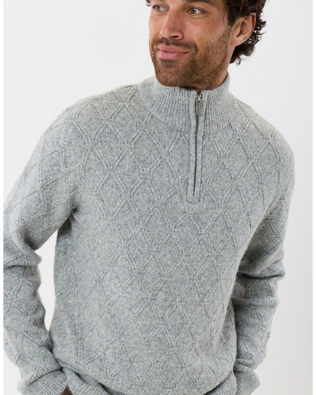 Threadbare Gray Diamond Cable Knit Quarter Zip Jumper for men
