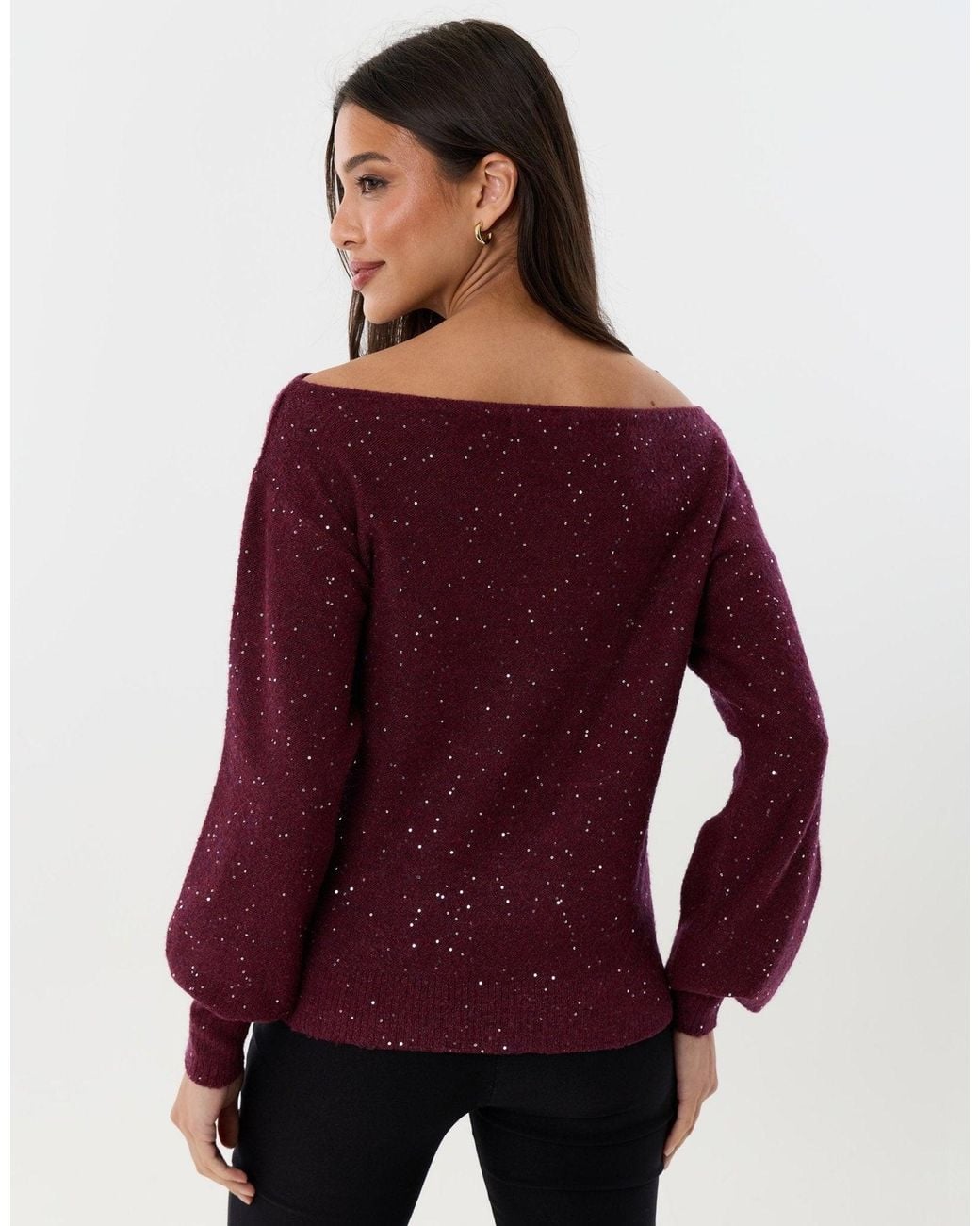 Threadbare Red Knitted Sequin Slash Neck Jumper